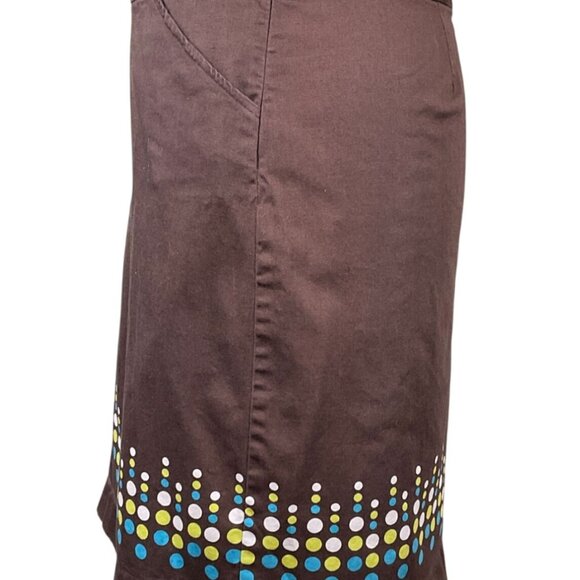 Geoffrey Beene Stretch VTG Brown Skirt Colorful Dot Border Hem Size 8 - Picture 3 of 8